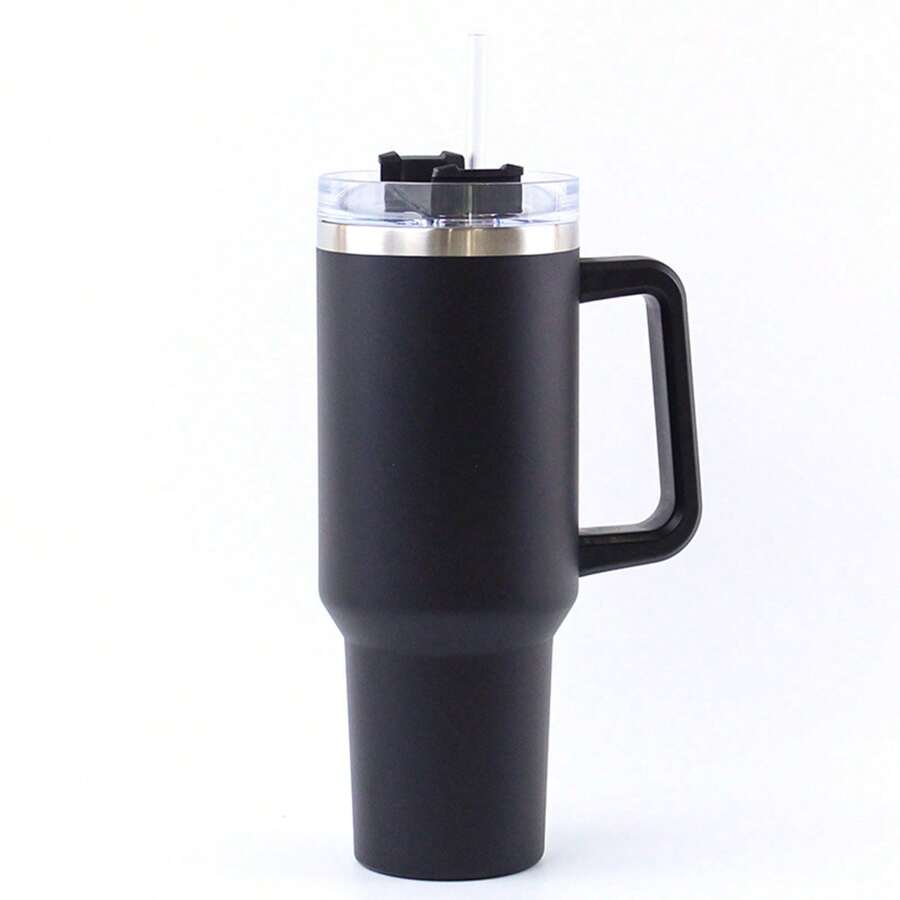 1 Taza Negra Para Automóvil Con Mango Sencillo, Gran Capacidad, Taza De Agua Para Picnic Con Pajita Y Hielo De Acero Inoxidable