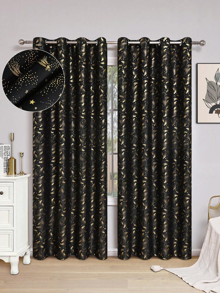 1入高遮光金色印花窗簾，適用於臥室/客廳/兒童房，噪聲降低和隔熱鋁箔印花窗簾，適用於露台推拉玻璃門 - 黑色 - 查看 1