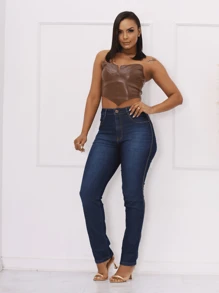 Women Jeans - 深色水洗藍 - 查看 4