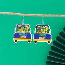 8 Unids/set De Pendientes De Madera Estilo Carnaval Con Diseño De Árbol, Corona, Máscara, Letra Y Enano Morado, Amarillo Y Verde - Multicolor - Ver 4