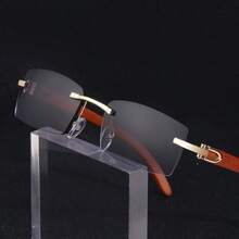 1pc Vintage Unisex Rimless Wood Grain Design Fashion Glasses, Driving/Travel/Vacation - Silver - View 1