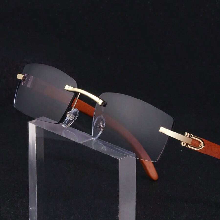 1pc Vintage Unisex Rimless Wood Grain Design Fashion Glasses, Driving/Travel/Vacation - Silver - View 1