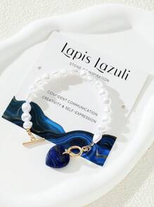 1pc Heart-Shaped Blue Crystal Faux Pearl Bracelet, Suitable For Daily Wear - Blue - View 1