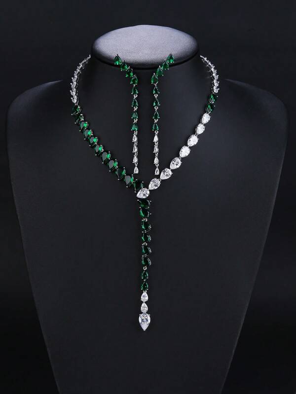 مجموعة من 3 قطع من طقم المجوهرات الفاخرة ذات القلادة والأقراط المعلقة الطويلة المرصعة بالزركونيا، مناسبة للزفاف والحفلات الراقية وتناسب فستان العروس والملابس الأنيقة، هدية للزفاف أو عيد الميلاد