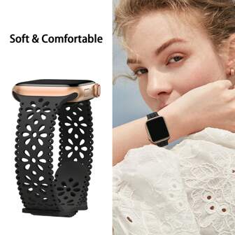 Unbeinst 1 pieza Correa de reloj de silicona con patrón floral calado, correa deportiva para mujer resistente al agua compatible con Apple Watch Series 10/9/8/7/6/5/4/3/2/1/Ultra/SE