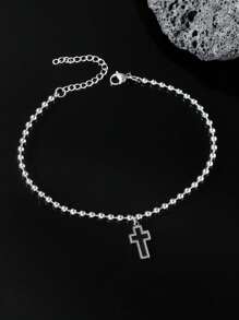 1pc Simple Design Stainless Steel Beaded Chain Foot Bracelet With Cross/heart Pendant For Unisex