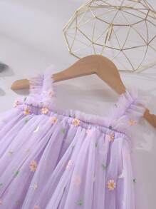 女婴优雅可爱休闲刺绣网纱连衣裙，适合派对、海滩、度假、毕业典礼、复活节、夏季等场合。 - 紫色 - 查看 4
