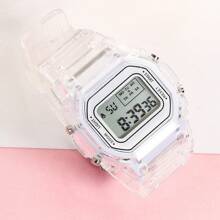 1pc Ladies' Square Shape Led Digital Calendar Clock Waterproof Multifunctional Electronic Wristwatch Suitable For Daily Wear - White - View 2