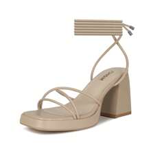 WETKISS Platform Heels for Women Heeled Sandals with Lace Up Strap Ankle Strap Square Open Toe for Wedding Work Party Dress - Màu be - Xem 1