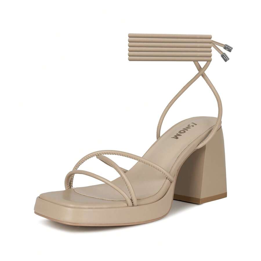 WETKISS Platform Heels for Women Heeled Sandals with Lace Up Strap Ankle Strap Square Open Toe for Wedding Work Party Dress - Màu be - Xem 1
