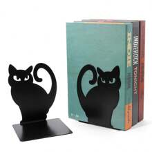 2PCS Cat Decorative Bookends, Metal Bookshelves, Non Skid Metal Bookend For Heavy Books, Book Divider Decorative Holder, Animal Design Book Stopper Supports For Office Home - cat shape - View 2
