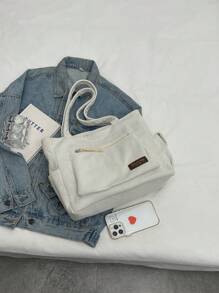 1 pieza Bolso de hombro de pana de gran capacidad con decoración de parche de letra de unicolor, con múltiples bolsillos, bolsa de compras, regalo del Día de la Madre para mamá, bolso plegable para la escuela, el trabajo, los viajes, bolso escolar para graduados, adolescentes, universitarios y estudiantes de secundaria, nuevo bolso de otoño e invierno para mujeres, el mejor bolso de otoño, bolso y mochila escolar literaria para mujeres o estudiantes, perfecto para libros, compras, vuelta al colegio y talla grande