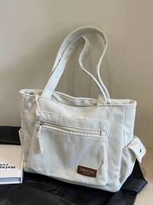 1 pieza Bolso de hombro de pana de gran capacidad con decoración de parche de letra de unicolor, con múltiples bolsillos, bolsa de compras, regalo del Día de la Madre para mamá, bolso plegable para la escuela, el trabajo, los viajes, bolso escolar para graduados, adolescentes, universitarios y estudiantes de secundaria, nuevo bolso de otoño e invierno para mujeres, el mejor bolso de otoño, bolso y mochila escolar literaria para mujeres o estudiantes, perfecto para libros, compras, vuelta al colegio y talla grande