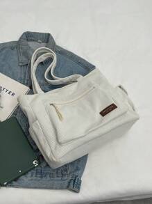 1 pieza Bolso de hombro de pana de gran capacidad con decoración de parche de letra de unicolor, con múltiples bolsillos, bolsa de compras, regalo del Día de la Madre para mamá, bolso plegable para la escuela, el trabajo, los viajes, bolso escolar para graduados, adolescentes, universitarios y estudiantes de secundaria, nuevo bolso de otoño e invierno para mujeres, el mejor bolso de otoño, bolso y mochila escolar literaria para mujeres o estudiantes, perfecto para libros, compras, vuelta al colegio y talla grande