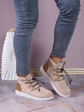 Plus Size Popular European And American Style High Top Casual Shoes With Round Toe And Solid Color Lace-up Design, Comfortable And In Stock, Size 43