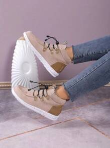 Plus Size Popular European And American Style High Top Casual Shoes With Round Toe And Solid Color Lace-up Design, Comfortable And In Stock, Size 43
