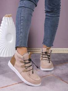 Plus Size Popular European And American Style High Top Casual Shoes With Round Toe And Solid Color Lace-up Design, Comfortable And In Stock, Size 43