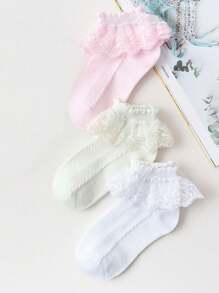 3 Pairs Solid Color Lace Princess Dance Party Socks For Children, Fashionable And Versatile