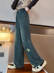 Tween Girl 五角星图案牛仔裤阔腿裤，春秋款 1 件 - 藍色 - 查看 6