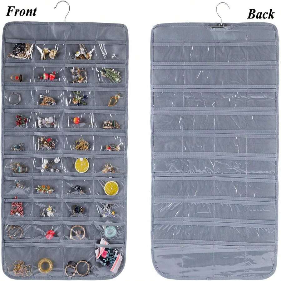1個灰色掛式珠寶收納袋,兩側共有80個口袋,2層布料製成的珠寶收納袋,適用於項鍊、手鍊、耳環、戒指和編織工具
