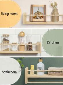 SUMGAR Wandregale in Holzoptik für Kinder, Design mit Holzperlen, Set von 3 schwebenden Wandregalen mit Holzperlen, Dekoration und Aufbewahrung für Kinderzimmer.