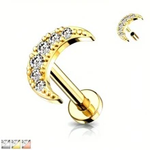 1PC CZ Paved Crescent Moon Top On Internally Threaded 316 Stainless Steel Flat Back Studs For Earring, Labret, Monroe, Cartilage And More