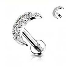 1PC CZ Paved Crescent Moon Top On Internally Threaded 316 Stainless Steel Flat Back Studs For Earring, Labret, Monroe, Cartilage And More