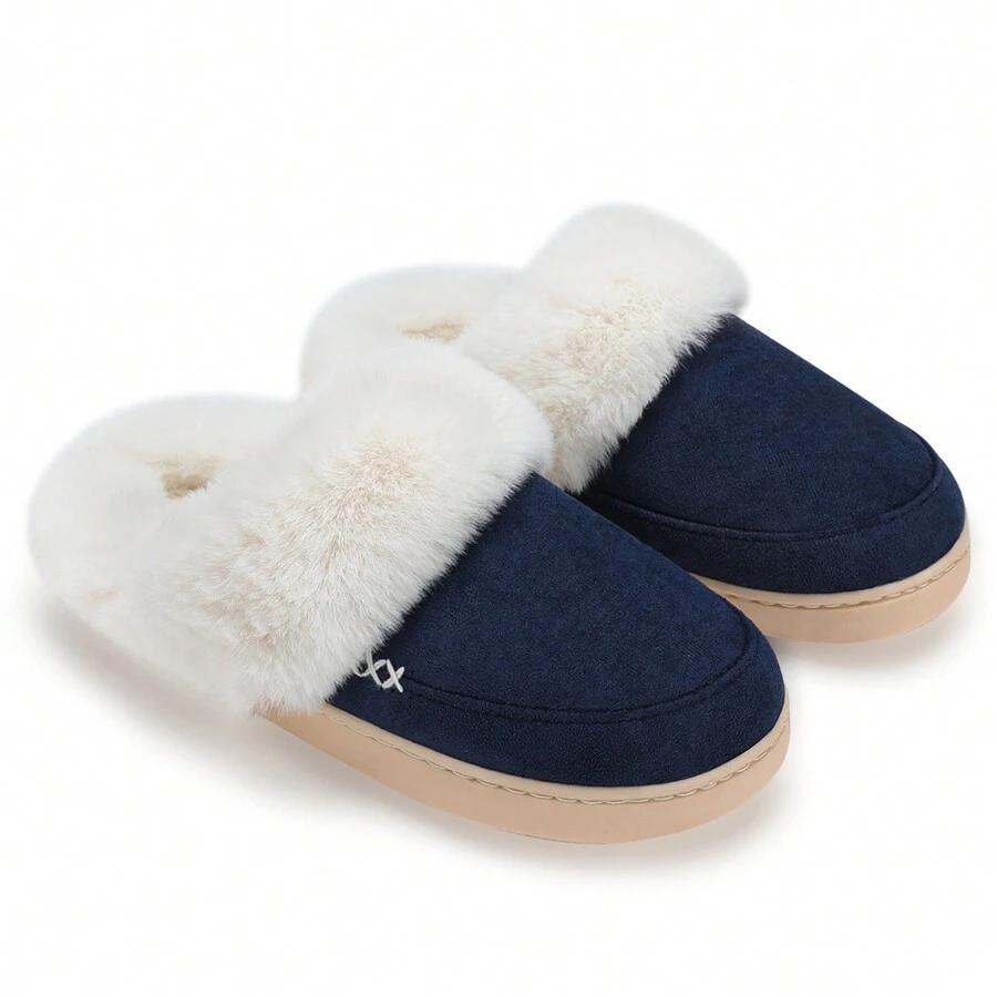 NineCiFun Men and women's home plush lining with suede upper, rubber sole slippers for warmth and comfort, thick sole indoor and outdoor slippers - 深蓝色 - 查看 1
