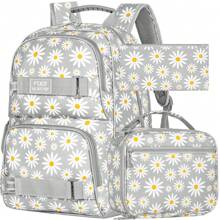 3PCS Bookbag For Girls, Water Resistant Bookbag With Lunch Box, 17 Inch School Bag Set For College Teenagers Senior Junior Elementary - Grey Chrysanthemum