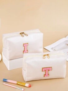 1个防水PU学院风贴布旅行化妆包收纳袋可爱化妆盒拉链袋带毛绒字母A B C N S T K F I 女士款 - 米色 - 查看 5