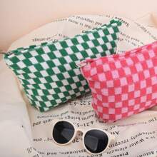 2 Pieces Makeup Bag Large Checkered Cosmetic Bag Pink Green Capacity Canvas Travel Toiletry Bag Organizer Cute Makeup Brushes Aesthetic Accessories Storage Bag For Women