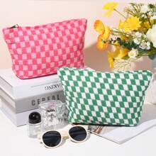2 Pieces Makeup Bag Large Checkered Cosmetic Bag Pink Green Capacity Canvas Travel Toiletry Bag Organizer Cute Makeup Brushes Aesthetic Accessories Storage Bag For Women