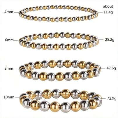 1 Pulsera De Cuerda Elástica De Acero Inoxidable Resistente Al Agua De Metal Para Mujer, Pulsera Elástica Multicolor De Dos Tonos Con Cuentas Lisas