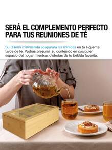 Casa Litus Caja Organizadora para Té Fabricada 100% con Madera de Bambú, 8 Compartimentos, Diseño Minimalista, Compacto y Multifuncional, Caja de Almacenamiento para Tisanas