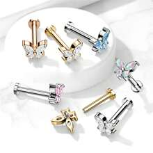 1PC CZ Butterfly Top trên đinh tán phẳng bằng thép không gỉ 316 có ren bên trong cho khuyên tai, môi, Monroe, sụn và nhiều hơn nữa - Loại bướm - Xem 2