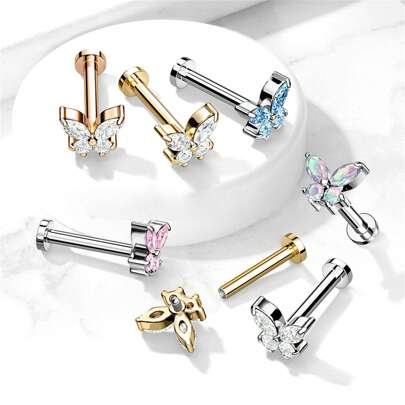 1PC CZ Butterfly Top On Internally Threaded 316 Stainless Steel Flat Back Studs For Earring, Labret, Monroe, Cartilage And More