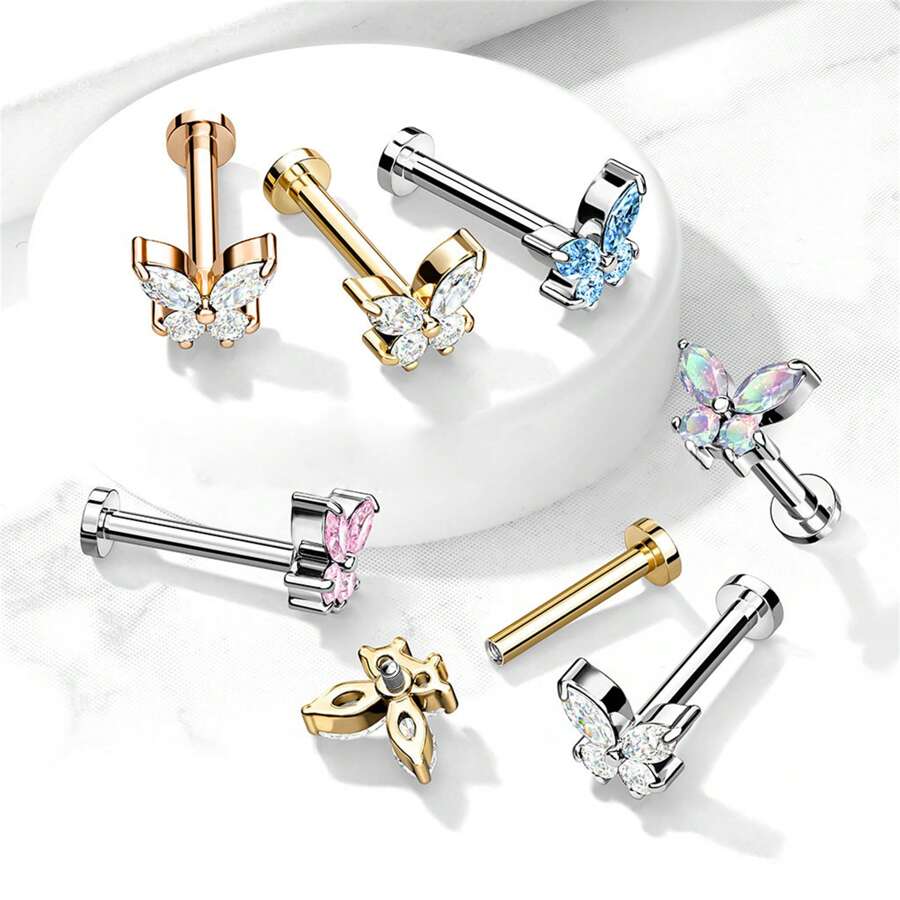 1PC CZ Butterfly Top trên đinh tán phẳng bằng thép không gỉ 316 có ren bên trong cho khuyên tai, môi, Monroe, sụn và nhiều hơn nữa