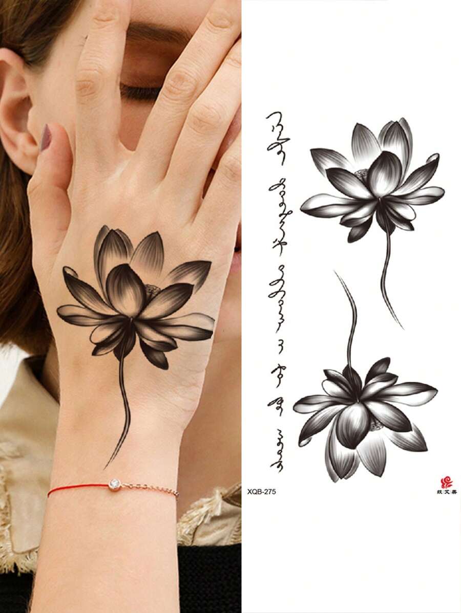 1 Pieza Tatuaje Temporal Con Diseño De Flor De Loto Y Lirio De Agua, Adecuado Para Uso Diario Y En Días Festivos Para Hombres Y Mujeres - Negro - Ver 1