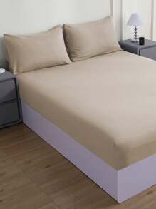 Set sábanas Matrimonial diseño liso de color sólido para cama 3000 Hilos, 4 piezas / (1 Forro,1 Sábana/ 2 Fundas) - Beis - Ver 2