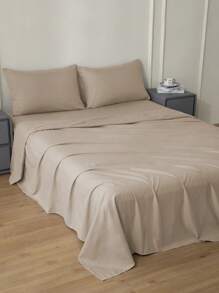 Set sábanas Matrimonial diseño liso de color sólido para cama 3000 Hilos, 4 piezas / (1 Forro,1 Sábana/ 2 Fundas) - Beis - Ver 1