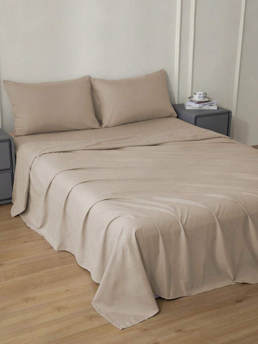 Set sábanas Matrimonial diseño liso de color sólido para cama 3000 Hilos, 4 piezas / (1 Forro,1 Sábana/ 2 Fundas) - Beis - Ver 1