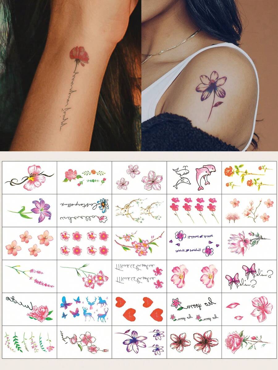 30 件/套彩色花朵和花卉圖案組合臨時紋身貼紙,防水,適用於肩部、頸部、鎖骨、手部等。 - 彩色 - 查看 1