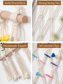 SUMGAR Makramee Wandbehang Boho Fotowand Collage mit 30 Holzklammern Gewebte Wandrahmen Modern Natur Bilderrahmen Collage Hochzeitsfeier Fotoseil Hängender Boho Deko, 42 x 100cm