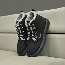 Damskie buty z podszewką termiczną na płaskim obcasie, sznurowane, ciepłe, krótkie buty w stylu brytyjskim w stylu vintage - Czarne - Zobacz 4