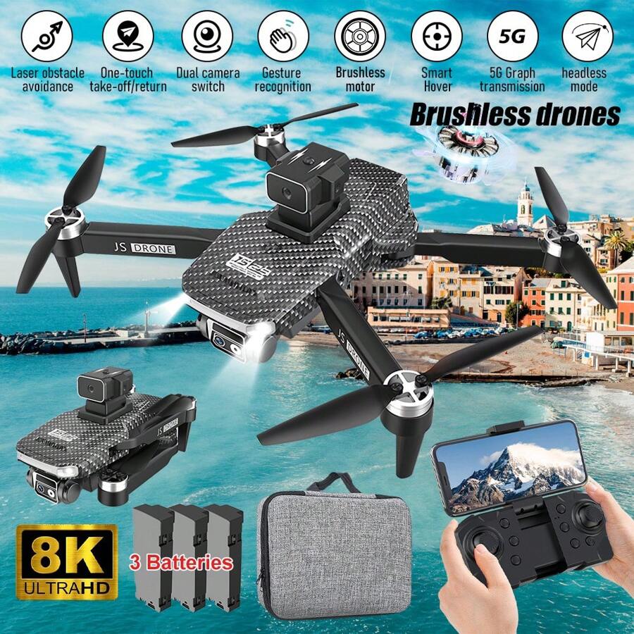 Drones With 8K Dual Cameras, RC Aircraft Quadcopter With Headless Mode, Brushless Motor Drones, One Key Start, Foldable Drones For Adults Or Beginners, Christmas Gift, Optical Flow - 黑色 - 查看 1