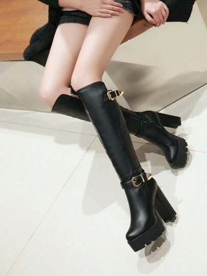 Plateau-Absatz Hohe Reiterstiefel für Damen, bequem, sexy, beliebter "Fitspo" Stil, Frühling Herbst, neue Reißverschluss Rückseite, schmale Waden, Overknee Plateau Absatz Lange Stiefel
