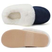NineCiFun Men and women's home plush lining with suede upper, rubber sole slippers for warmth and comfort, thick sole indoor and outdoor slippers - 深蓝色 - 查看 4