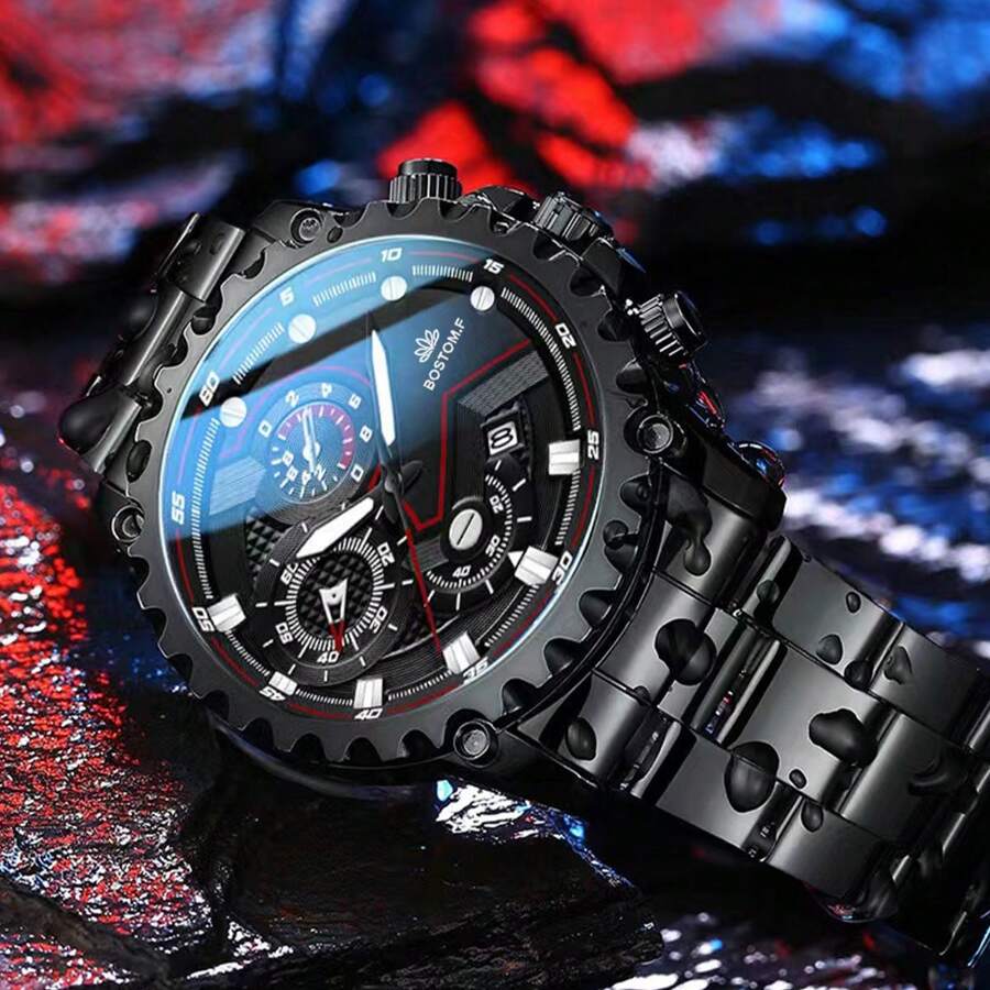 1 Pieza Reloj de Hombre Correa de Acero Inoxidable Negra, Esfera Redonda, Reloj de Cuarzo Con Fecha, Para Vida Diaria Como Regalo Para Estudiantes Que Regresan a la Escuela - Negro - Ver 1