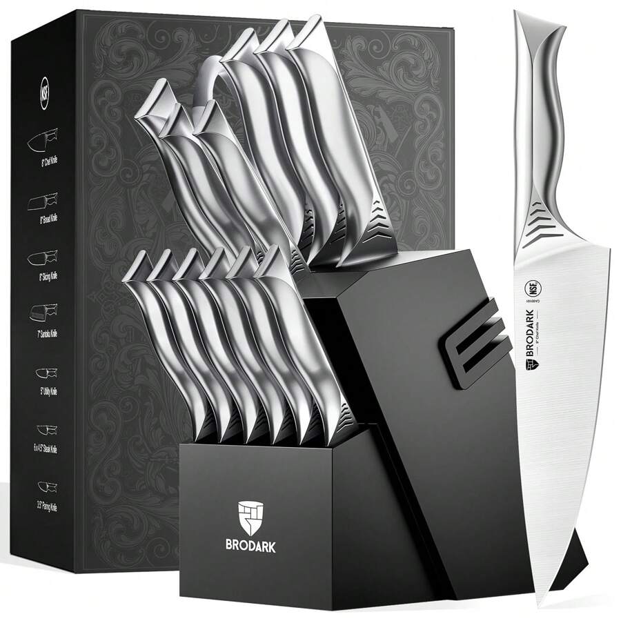 BRODARK Knife Set For Kitchen With Block, 15-Piece Kitchen Knife Set With Built-In Sharpener, NSF Certified Stainless Steel Knife Block Set, Shark Series - Silver - View 1