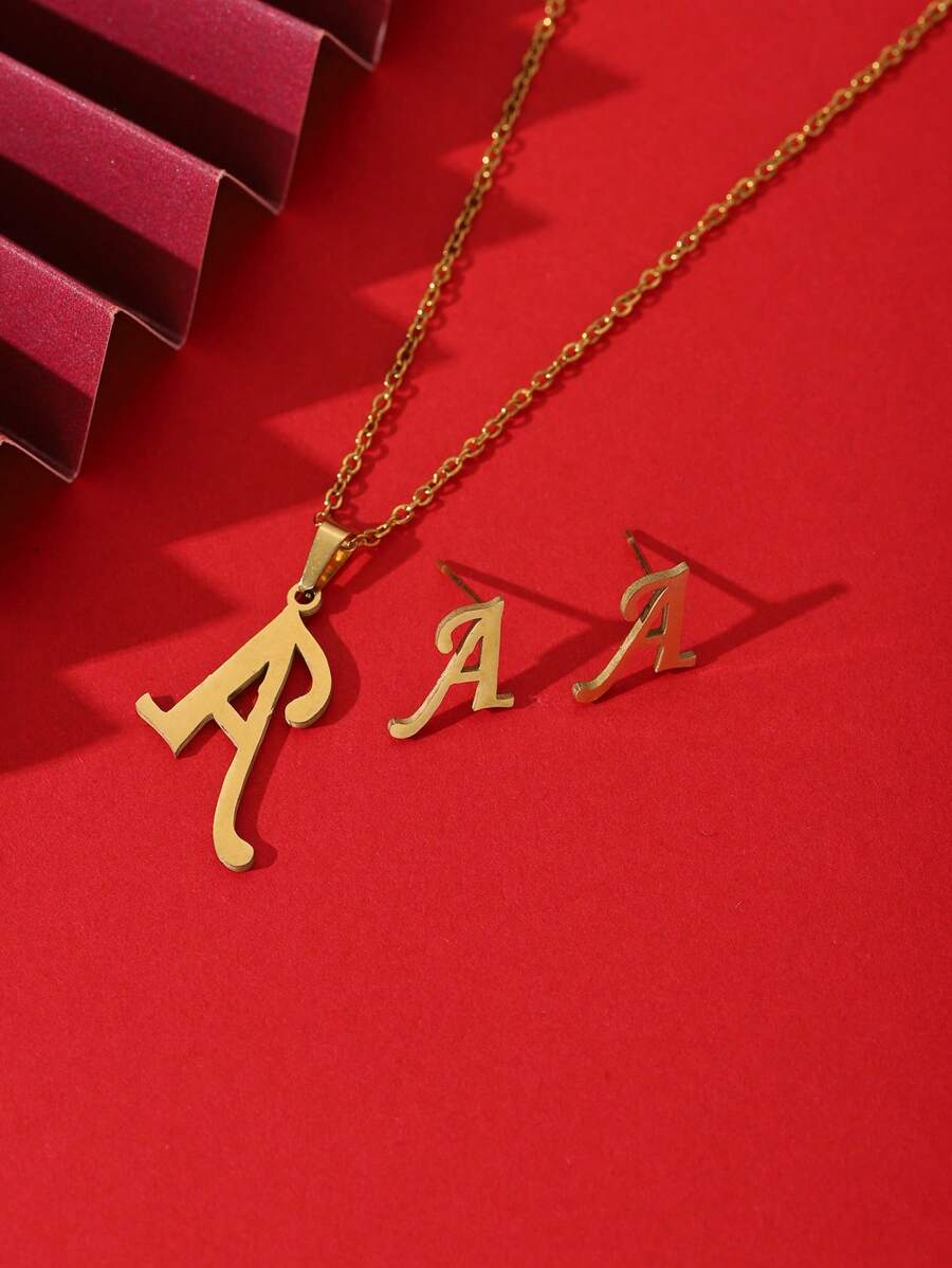 3 件組時尚不銹鋼 26 個字母吊墜項鍊耳環套件女士派對 - 金黃色 - 查看 1